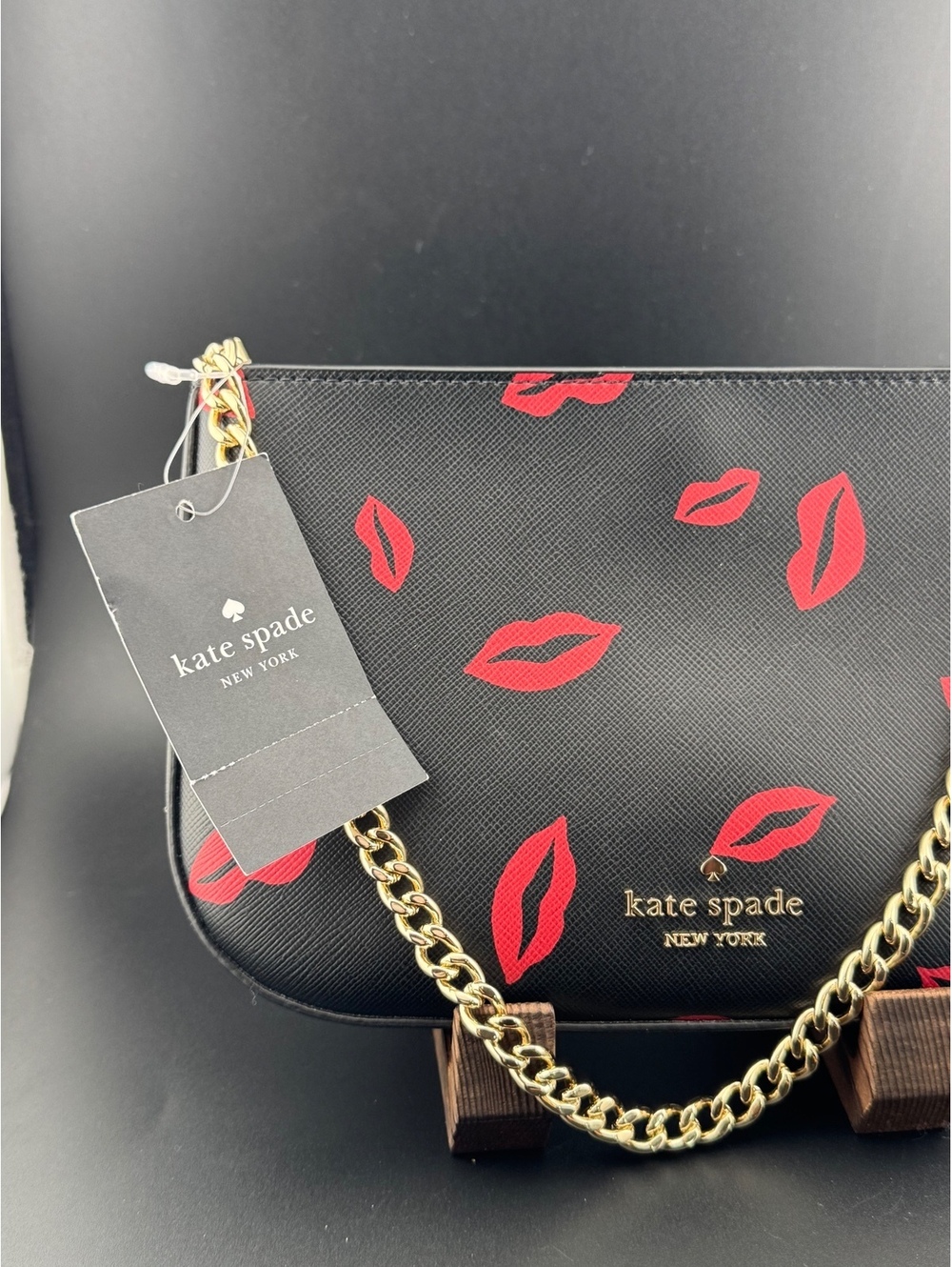 Kate Spade New York Black Leather Shoulder Bag with Red Lips - Picture 2 of 7
